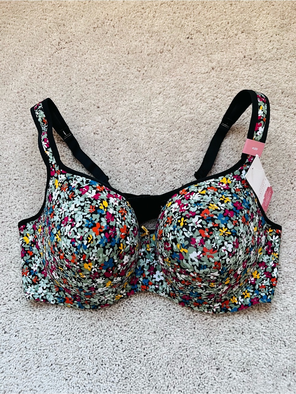 Cacique Black Floral Multi-Color Underwire Bra 42D